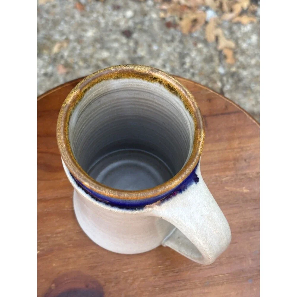 Handmade Studio Pottery Stoneware Pitcher White Blue Brown Glaze Signed